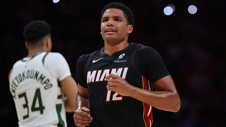 Miami Heat guard Dru Smith (12) looks on (Mandatory Credit: Sam Navarro-Imagn Images) Miami Heat guard Dru Smith (12) looks on (Mandatory Credit: Sam Navarro-Imagn Images)