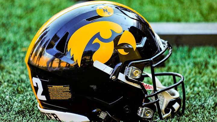 Sep 18, 2021; Iowa City, Iowa, USA; A Hawkeye helmet sits on the sidelines during the game between the Iowa Hawkeyes and the Kent State Golden Flashes at Kinnick Stadium. Mandatory Credit: Jeffrey Becker-Imagn Images