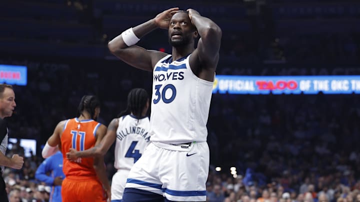 Nov 26, 2025; Oklahoma City, Oklahoma, USA; Minnesota Timberwolves forward Julius Randle (30) reacts after a call against him after a play against the Oklahoma City Thunder during the second quarter at Paycom Center.