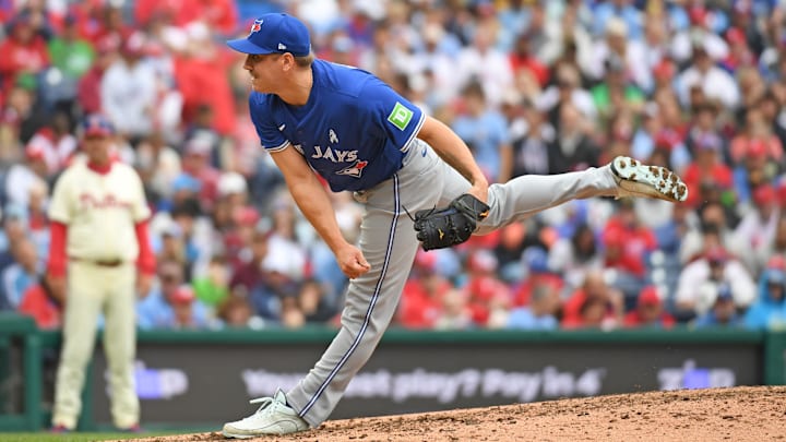 Jun 15, 2025; Philadelphia, Pennsylvania, USA; Toronto Blue Jays pitcher Erik Swanson (50) throws a pitch during the sixth inning against the Philadelphia Phillies at Citizens Bank Park. 