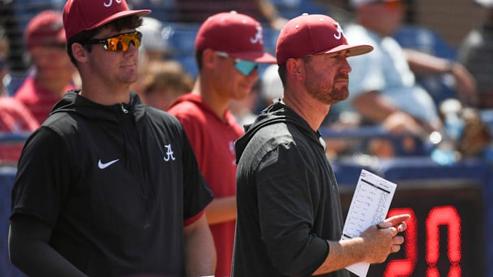 May 21 2024; Hoover, AL, USA; Alabama head coach Rob Vaughn watches his team play against South Carolina at the Hoover Met on the opening day of the SEC Tournament.