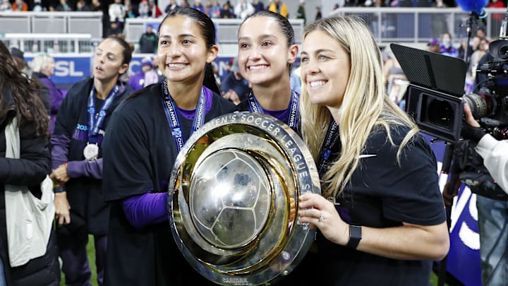 Nov 23, 2024; Kansas City, Missouri, USA; The Orlando Pride celebrates after winning the 2024 NWSL Championship match at CPKC Stadium. Mandatory Credit: Kylie Graham-Imagn Images