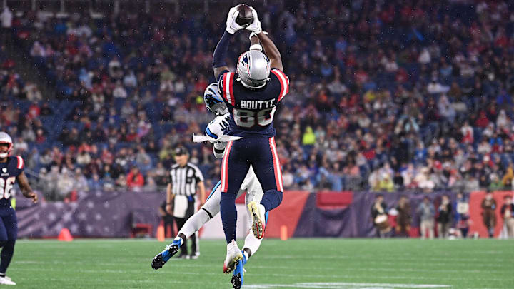 August 8, 2024; Foxborough, MA, USA;  New England Patriots wide receiver Kayshon Boutte (80) makes a catch for a first down during the first half against the Carolina Panthers at Gillette Stadium. Mandatory Credit: Eric Canha-USA TODAY Sports