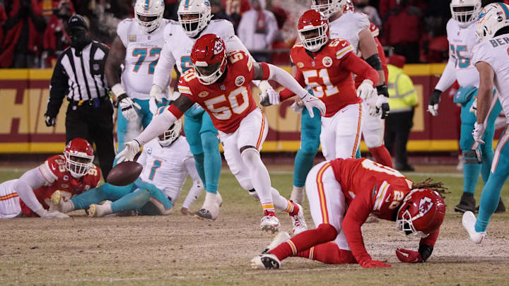 Kansas City Chiefs linebacker Willie Gay (50) moves in to recover the ball against the Miami Dolphins during the second half of the 2024 AFC wild card game at GEHA Field at Arrowhead Stadium. Kansas City Chiefs linebacker Willie Gay (50) moves in to recover the ball against the Miami Dolphins during the second half of the 2024 AFC wild card game at GEHA Field at Arrowhead Stadium.