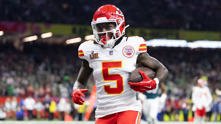 Feb 9, 2025; New Orleans, LA, USA; Kansas City Chiefs wide receiver Marquise Brown (5) against the Philadelphia Eagles in Super Bowl LIX at Ceasars Superdome. Mandatory Credit: Mark J. Rebilas-Imagn Images Feb 9, 2025; New Orleans, LA, USA; Kansas City Chiefs wide receiver Marquise Brown (5) against the Philadelphia Eagles in Super Bowl LIX at Ceasars Superdome. Mandatory Credit: Mark J. Rebilas-Imagn Images