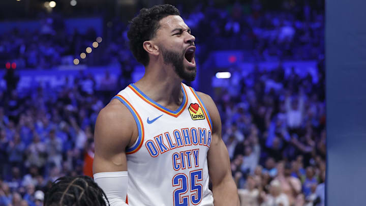 Oct 28, 2025; Oklahoma City, Oklahoma, USA; Oklahoma City Thunder guard Ajay Mitchell (25) celebrates after scoring against the Sacramento Kings during the second half at Paycom Center. Mandatory Credit: Alonzo Adams-Imagn Images Oct 28, 2025; Oklahoma City, Oklahoma, USA; Oklahoma City Thunder guard Ajay Mitchell (25) celebrates after scoring against the Sacramento Kings during the second half at Paycom Center. Mandatory Credit: Alonzo Adams-Imagn Images
