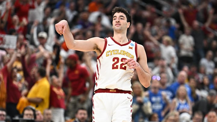 Mar 22, 2026; St. Louis, MO, USA; Iowa State Cyclones forward Milan Momcilovic (22) celebrates after a play during the second half against the Kentucky Wildcats during a second round game of the men's 2026 NCAA Tournament at Enterprise Center. Mandatory Credit: Jeff Le-Imagn Images