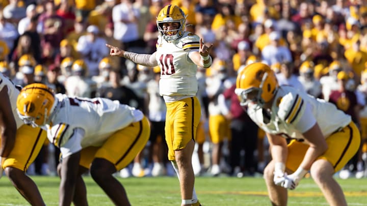 Oct 18, 2025; Tempe, Arizona, USA; Arizona State Sun Devils quarterback Sam Leavitt (10) against the Texas Tech Red Raiders at Mountain America Stadium. Mandatory Credit: Mark J. Rebilas-Imagn Images
