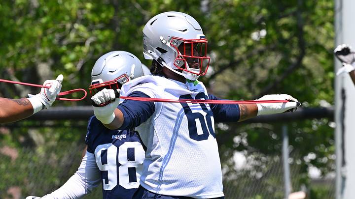 Jun 10, 2026; Foxborough, MA, USA; New England Patriots tackle Dametrious Crownover (68) works out during minicamp at Gillette Stadium. Mandatory Credit: Eric Canha-Imagn Images