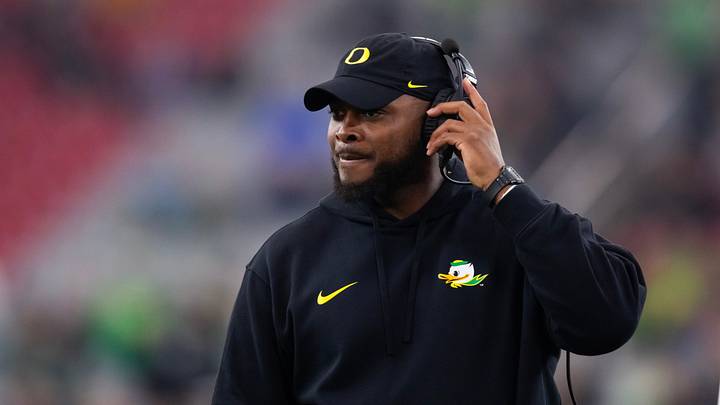 Jan 1, 2024; Glendale, AZ, USA; Oregon Ducks offensive line coach A'Lique Terry against the Liberty Flames during the 2024 Fiesta Bowl at State Farm Stadium. Mandatory Credit: Mark J. Rebilas-USA TODAY Sports