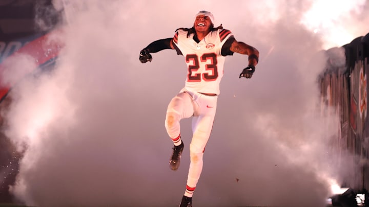 Dec 28, 2023; Cleveland, Ohio, USA; Cleveland Browns cornerback Martin Emerson Jr. (23) takes the field during player introduction before the game against the New York Jets at Cleveland Browns Stadium. Mandatory Credit: Scott Galvin-USA TODAY Sports Dec 28, 2023; Cleveland, Ohio, USA; Cleveland Browns cornerback Martin Emerson Jr. (23) takes the field during player introduction before the game against the New York Jets at Cleveland Browns Stadium. Mandatory Credit: Scott Galvin-USA TODAY Sports