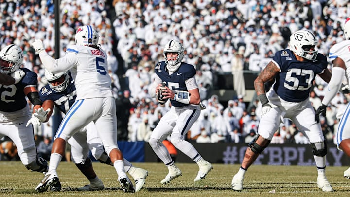 Penn State Nittany Lions quarterback Drew Allar (15) looks to pass during the first half against the Southern Methodist Mustangs at Beaver Stadium.