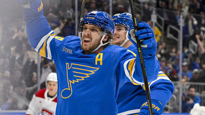 Jan 3, 2026; St. Louis, Missouri, USA; St. Louis Blues center Robert Thomas (18) reacts after scoring a shorthanded goal against the Montreal Canadiens during the second period at Enterprise Center. Mandatory Credit: Jeff Curry-Imagn Images