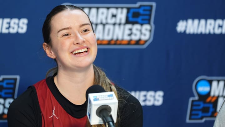 Oklahoma's Payton Verhulst (12) speaks to the media during practice and media day for the first round of the NCAA women's basketball tournament at Lloyd Noble Center in Norman, Okla., Thursday March 19, 2026. Oklahoma's Payton Verhulst (12) speaks to the media during practice and media day for the first round of the NCAA women's basketball tournament at Lloyd Noble Center in Norman, Okla., Thursday March 19, 2026.