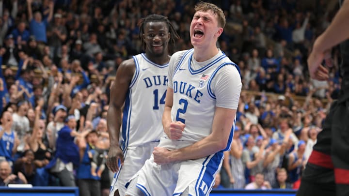Feb 15, 2025; Durham, North Carolina, USA;  Duke Blue Devils forward Cooper Flagg (2) celebrating after dunking against the Stanford Cardinal during the second half at Cameron Indoor Stadium. Mandatory Credit: Zachary Taft-Imagn Images