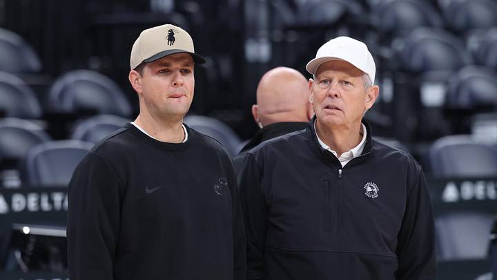 Oct 27, 2025; Salt Lake City, Utah, USA; Utah Jazz head coach Will Hardy (left) and CEO of basketball operations Danny Ainge (right) speak before the game against the Phoenix Suns at Delta Center. Mandatory Credit: Rob Gray-Imagn Images
