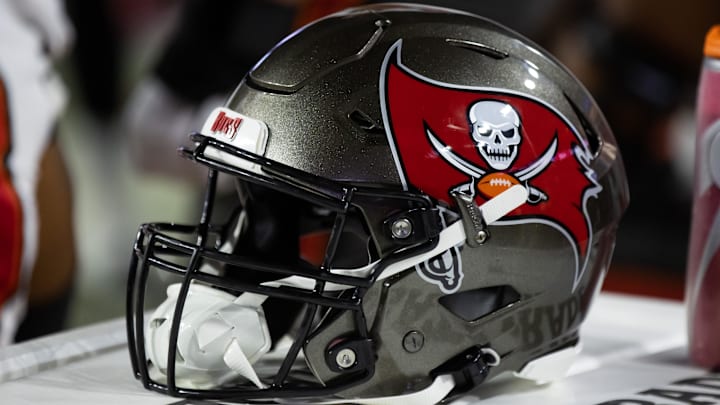 Dec 25, 2022; Glendale, Arizona, USA; Detailed view of a Tampa Bay Buccaneers helmet at State Farm Stadium. Mandatory Credit: Mark J. Rebilas-Imagn Images