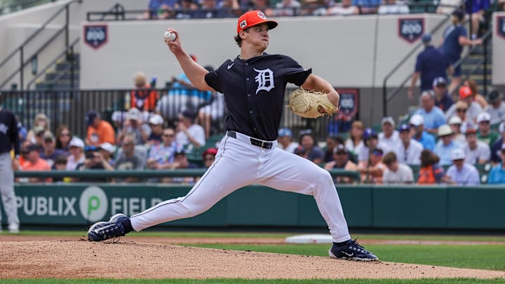Mar 13, 2025; Lakeland, Florida, USA; Detroit Tigers pitcher Jackson Jobe (21) pitches during the first inning against the New York Yankees at Publix Field at Joker Marchant Stadium. Mar 13, 2025; Lakeland, Florida, USA; Detroit Tigers pitcher Jackson Jobe (21) pitches during the first inning against the New York Yankees at Publix Field at Joker Marchant Stadium.
