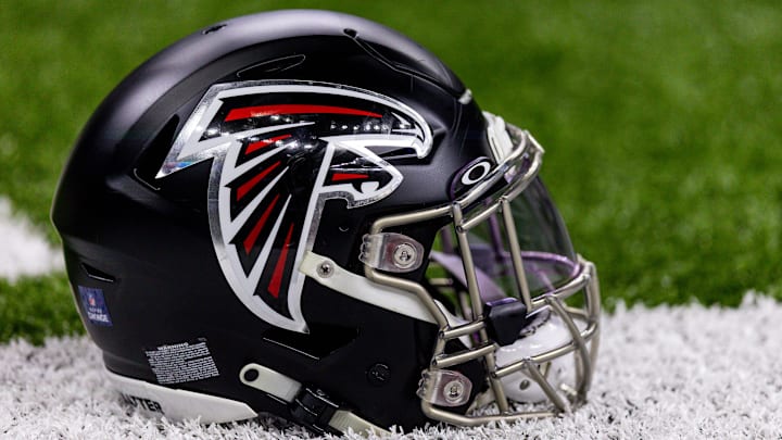 Dec 18, 2022; New Orleans, Louisiana, USA;  General view of a Atlanta Falcons helmet during warm ups against the New Orleans Saints at Caesars Superdome. Mandatory Credit: Stephen Lew-Imagn Images