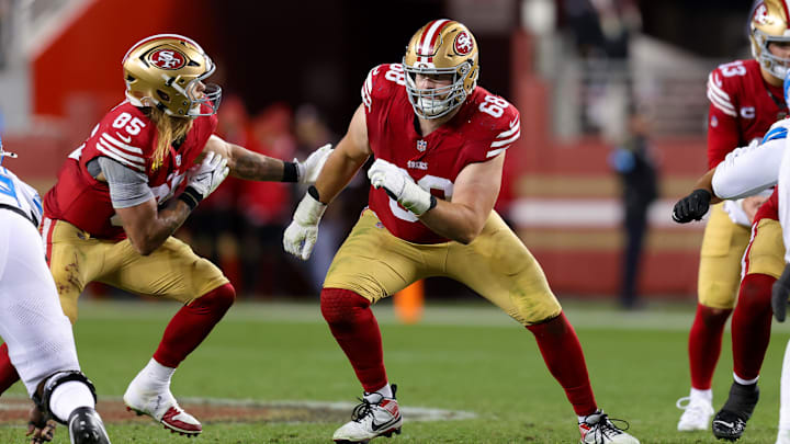 Dec 30, 2024; Santa Clara, California, USA; San Francisco 49ers offensive tackle Colton McKivitz (68) during the game against the Detroit Lions at Levi's Stadium. Mandatory Credit: Sergio Estrada-Imagn Images