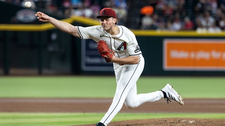 Apr 22, 2025; Phoenix, Arizona, USA; Arizona Diamondbacks pitcher Brandon Pfaadt in the fifth inning against the Tampa Bay Rays at Chase Field. Mandatory Credit: Mark J. Rebilas-Imagn Images