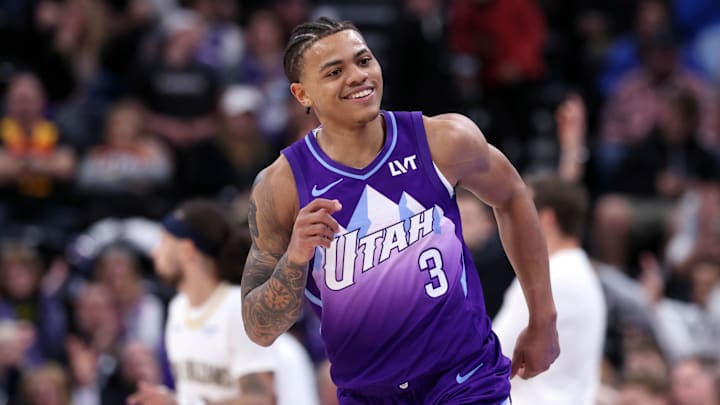 Mar 2, 2025; Salt Lake City, Utah, USA; Utah Jazz guard Keyonte George reacts to a shot against the New Orleans Pelicans during the second half at Delta Center. Mandatory Credit: Rob Gray-Imagn Images