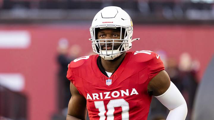 Dec 7, 2025; Glendale, Arizona, USA; Arizona Cardinals linebacker Josh Sweat (10) against the Los Angeles Rams at State Farm Stadium. Mandatory Credit: Mark J. Rebilas-Imagn Images