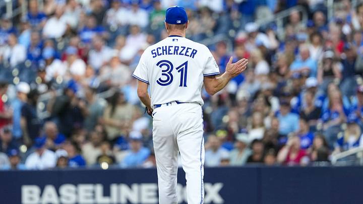 Jun 10, 2026; Toronto, Ontario, CAN; Toronto Blue Jays pitcher Max Scherzer (31) celebrates his career 3500th strike out against the Philadelphia Phillies during the first inning at Rogers Centre. Mandatory Credit: Kevin Sousa-Imagn Images Jun 10, 2026; Toronto, Ontario, CAN; Toronto Blue Jays pitcher Max Scherzer (31) celebrates his career 3500th strike out against the Philadelphia Phillies during the first inning at Rogers Centre. Mandatory Credit: Kevin Sousa-Imagn Images
