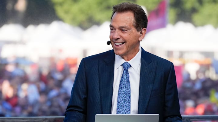 Oct. 4, 2025; Tuscaloosa, Alabama, USA; Former Alabama coach Nick Saban smiles as he is on set during ESPN’s College GameDay on location on the Quad at the University of Alabama before the Alabama versus Vanderbilt game. Oct. 4, 2025; Tuscaloosa, Alabama, USA; Former Alabama coach Nick Saban smiles as he is on set during ESPN’s College GameDay on location on the Quad at the University of Alabama before the Alabama versus Vanderbilt game.