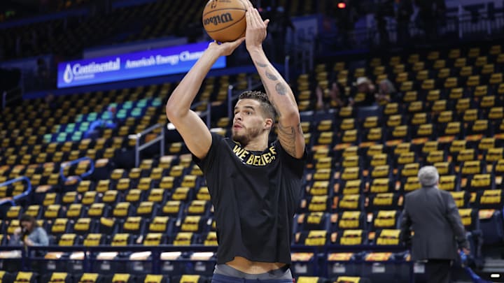May 7, 2025; Oklahoma City, Oklahoma, USA; Denver Nuggets forward Michael Porter Jr. warms up before the start of game two of the second round against the Oklahoma City Thunder for the 2025 NBA Playoffs at Paycom Center. Mandatory Credit: Alonzo Adams-Imagn Images