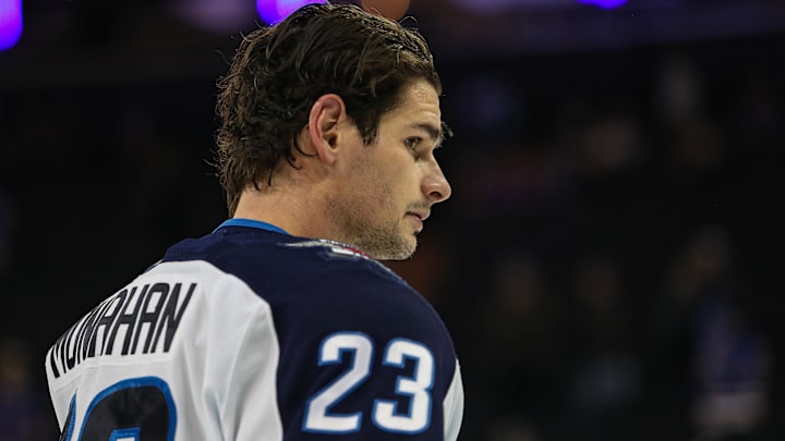 Mar 19, 2024; New York, New York, USA; Winnipeg Jets center Sean Monahan (23) skates during warmups before the first period at Madison Square Garden. Mandatory Credit: Danny Wild-USA TODAY Sports