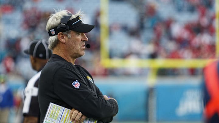 Nov 12, 2023; Jacksonville, Florida, USA; Jacksonville Jaguars head coach Doug Pederson against the San Francisco 49ers during the fourth quarter at EverBank Stadium. Mandatory Credit: Morgan Tencza-Imagn Images