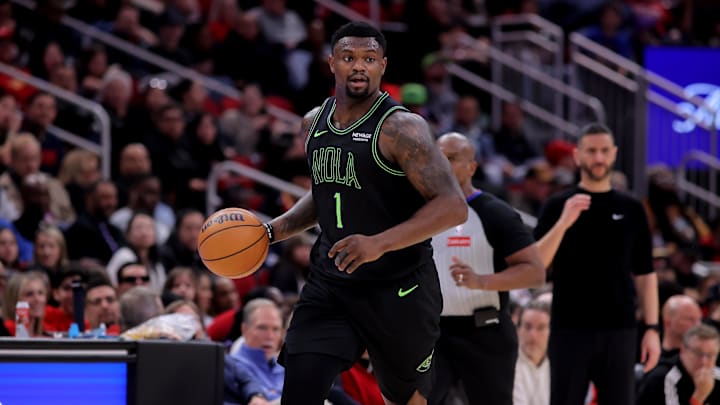 Jan 18, 2026; Houston, Texas, USA; New Orleans Pelicans forward Zion Williamson (1) dribbles against the Houston Rockets during the fourth quarter at Toyota Center. Mandatory Credit: Erik Williams-Imagn Images