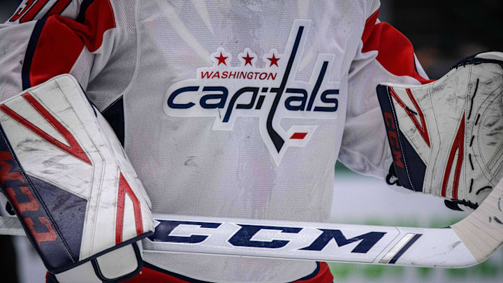 Oct 12, 2019; Dallas, TX, USA; A view of the Washington Capitals logo during the game between the Stars and the Capitals at the American Airlines Center. Mandatory Credit: Jerome Miron-Imagn Images Oct 12, 2019; Dallas, TX, USA; A view of the Washington Capitals logo during the game between the Stars and the Capitals at the American Airlines Center. Mandatory Credit: Jerome Miron-Imagn Images