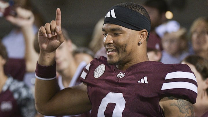 Mississippi State Bulldogs quarterback Michael Van Buren Jr. (0) reacts with fans after a game against the Massachusetts Minutemen at Davis Wade Stadium at Scott Field.