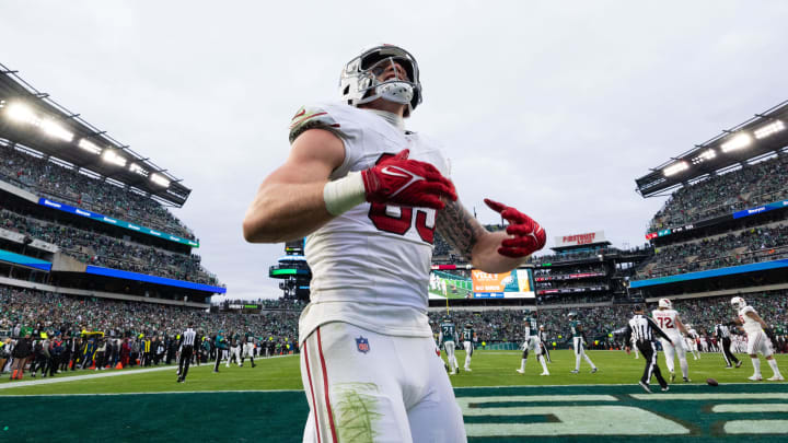 Dec 31, 2023; Philadelphia, Pennsylvania, USA; Arizona Cardinals tight end Trey McBride (85) reacts after a touchdown against the Philadelphia Eagles during the fourth quarter at Lincoln Financial Field. Mandatory Credit: Bill Streicher-USA TODAY Sports