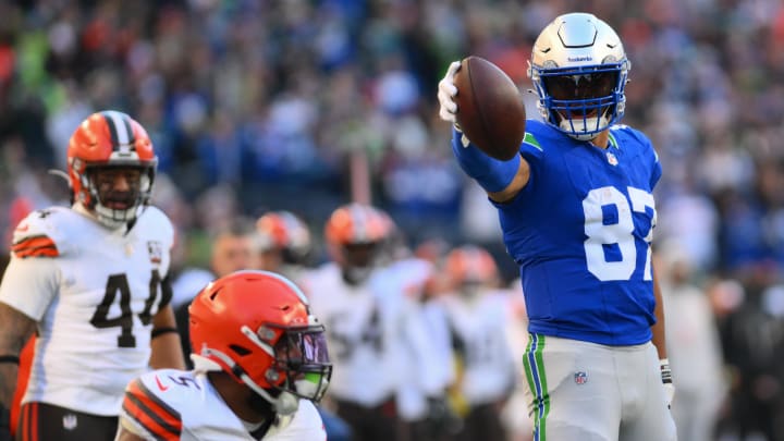 Oct 29, 2023; Seattle, Washington, USA; Seattle Seahawks tight end Noah Fant (87) celebrates after getting a first down against the Cleveland Browns during the second half at Lumen Field. Mandatory Credit: Steven Bisig-USA TODAY Sports