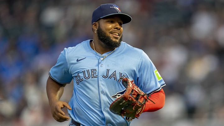 Jun 6, 2025; Minneapolis, Minnesota, USA; Toronto Blue Jays first baseman Vladimir Guerrero Jr. (27) runs off the field smiling after the fifth inning against the Minnesota Twins at Target Field. Jun 6, 2025; Minneapolis, Minnesota, USA; Toronto Blue Jays first baseman Vladimir Guerrero Jr. (27) runs off the field smiling after the fifth inning against the Minnesota Twins at Target Field.