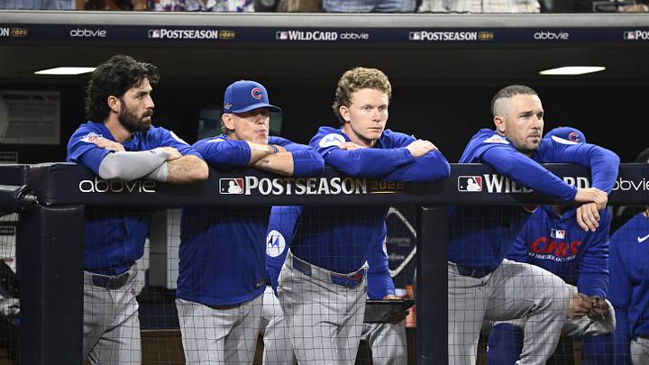 Sep 30, 2026; San Diego, California, USA;  Chicago Cubs dugout looks on in the ninth inning against the San Diego Padres during game two of the Wildcard round for the 2026 MLB Playoffs at Petco Park.  Mandatory Credit: Denis Poroy-Imagn Images