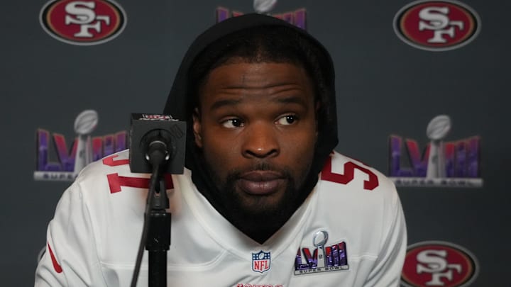 Feb 6, 2024; Las Vegas, NV, USA; San Francisco 49ers linebacker Dre Greenlaw (57) during a press conference before Super Bowl LVIII at the Hilton Lake Las Vegas Resort. Mandatory Credit: Kirby Lee-Imagn Images