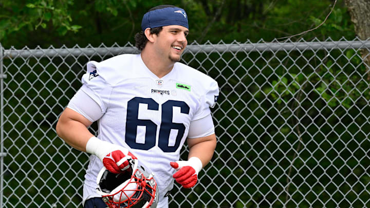 Jun 9, 2025; Foxborough, MA, USA; New England Patriots offensive tackle Will Campbell (66) jogs to the practice fields at Gillette Stadium. Mandatory Credit: Eric Canha-Imagn Images