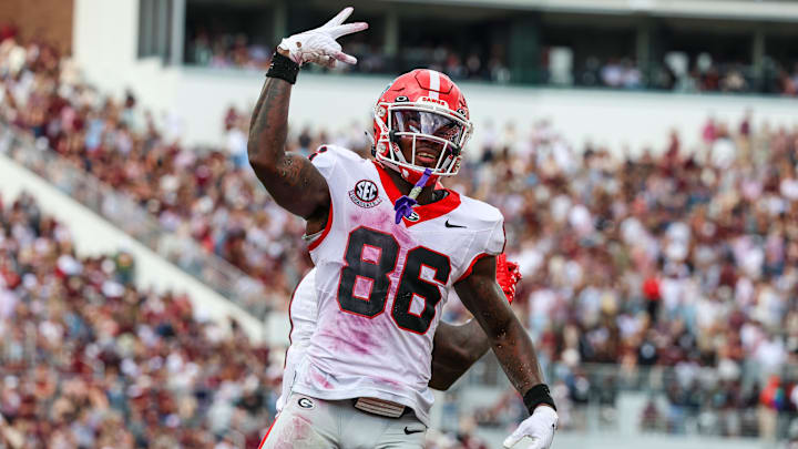 Nov 8, 2025; Starkville, Mississippi, USA; Georgia Bulldogs wide receiver Dillon Bell (86) reacts after a touchdown against the Mississippi State Bulldogs during the first half at Davis Wade Stadium at Scott Field. Mandatory Credit: Wesley Hale-Imagn Images