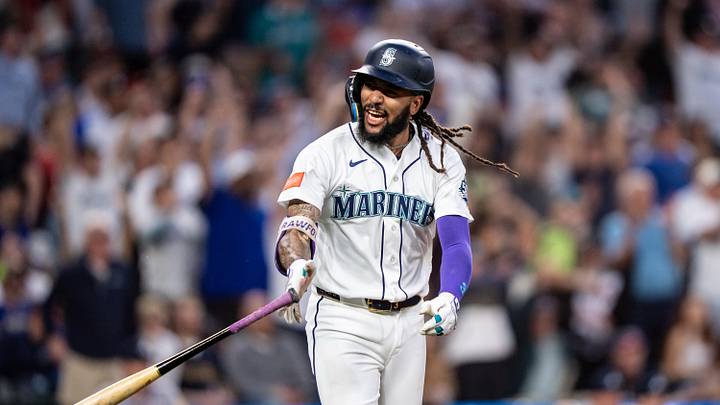 May 4, 2026; Seattle, Washington, USA;  Seattle Mariners shortstop J.P. Crawford (3) reacts after hitting a two-run home run during the sixth inning against the Atlanta Braves at T-Mobile Park. Mandatory Credit: Stephen Brashear-Imagn Images