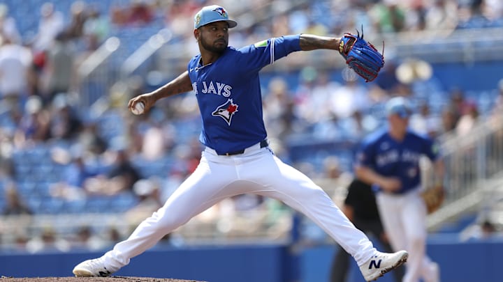 Mar 8, 2026; Dunedin, Florida, USA; Toronto Blue Jays pitcher Angel Bastardo (99) throws a pitch against the Detroit Tigers in the fourth inning during spring training at TD Ballpark. Mandatory Credit: Nathan Ray Seebeck-Imagn Images Mar 8, 2026; Dunedin, Florida, USA; Toronto Blue Jays pitcher Angel Bastardo (99) throws a pitch against the Detroit Tigers in the fourth inning during spring training at TD Ballpark. Mandatory Credit: Nathan Ray Seebeck-Imagn Images
