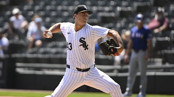 Aug 29, 2024; Chicago, Illinois, USA; Chicago White Sox pitcher Nick Nastrini (43) delivers against the Texas Rangers during the first inning at Guaranteed Rate Field. Mandatory Credit: Matt Marton-Imagn Images Aug 29, 2024; Chicago, Illinois, USA; Chicago White Sox pitcher Nick Nastrini (43) delivers against the Texas Rangers during the first inning at Guaranteed Rate Field. Mandatory Credit: Matt Marton-Imagn Images
