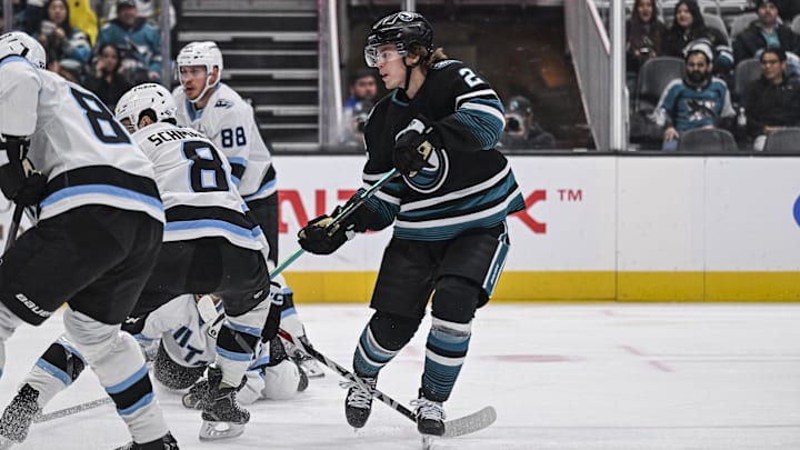 Dec 1, 2025; San Jose, California, USA; San Jose Sharks center Will Smith (2) scores during the second period against the Utah Mammoth at SAP Center at San Jose. Mandatory Credit: Justine Willard-Imagn Images