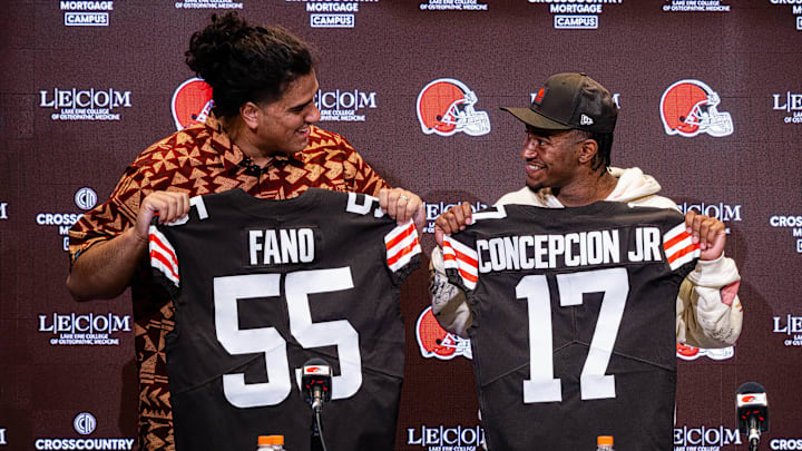 Cleveland Browns draft picks Spencer Fano, left, and KC Concepcion