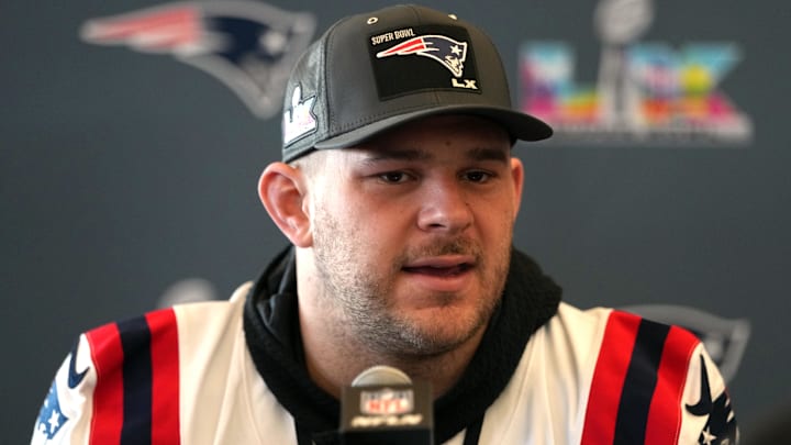 Feb 5, 2026; Santa Clara, CA, USA; New England Patriots center Garrett Bradbury (65) talks to media members at the Santa Clara Marriott. Mandatory Credit: Darren Yamashita-Imagn Images
