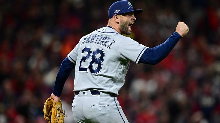 Oct 17, 2026; Cleveland, Ohio, USA; Tampa Bay Rays starting pitcher Nick Martinez (28) reacts to a defensive play made by infielder Taylor Walls (not pictured) against the Cleveland Guardians during the fifth inning in game four of the ALCS for the 2026 MLB Playoffs at Progressive Field. Mandatory Credit: David Dermer-Imagn Images Oct 17, 2026; Cleveland, Ohio, USA; Tampa Bay Rays starting pitcher Nick Martinez (28) reacts to a defensive play made by infielder Taylor Walls (not pictured) against the Cleveland Guardians during the fifth inning in game four of the ALCS for the 2026 MLB Playoffs at Progressive Field. Mandatory Credit: David Dermer-Imagn Images