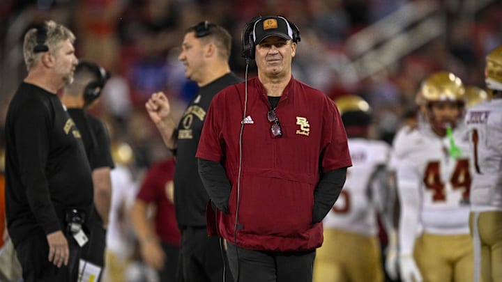 Nov 16, 2024; Dallas, Texas, USA; Boston College Eagles head coach Bill O'Brien looks on during the second half of the game against the SMU Mustangs at Gerald J. Ford Stadium. Mandatory Credit: Jerome Miron-Imagn Images Nov 16, 2024; Dallas, Texas, USA; Boston College Eagles head coach Bill O'Brien looks on during the second half of the game against the SMU Mustangs at Gerald J. Ford Stadium. Mandatory Credit: Jerome Miron-Imagn Images